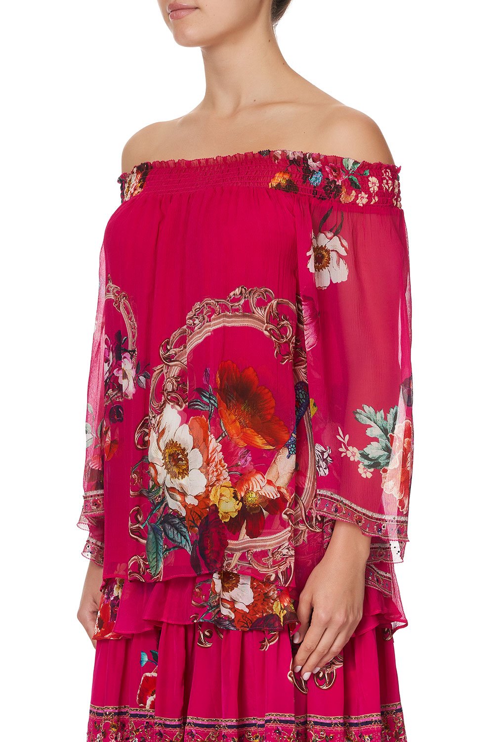 OFF SHOULDER SHIRRED BLOUSE APPLE EYED