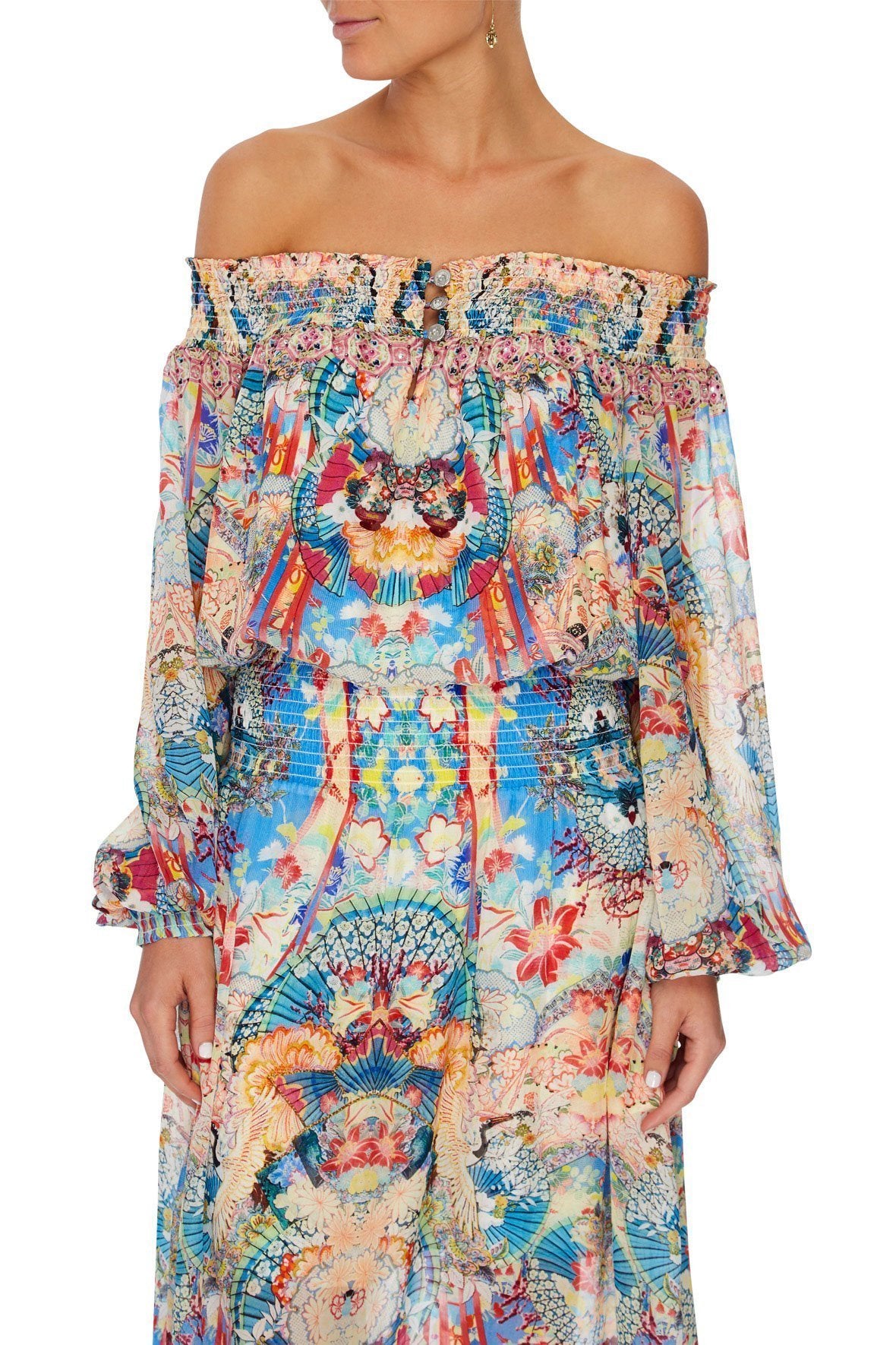 OFF SHOULDER SHIRRED DRESS MISO IN LOVE