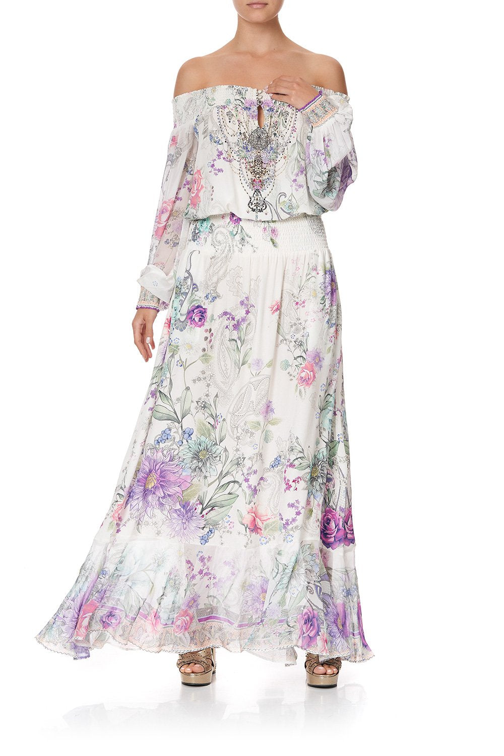 OFF SHOULDER SHIRRED DRESS FOREVER FAR