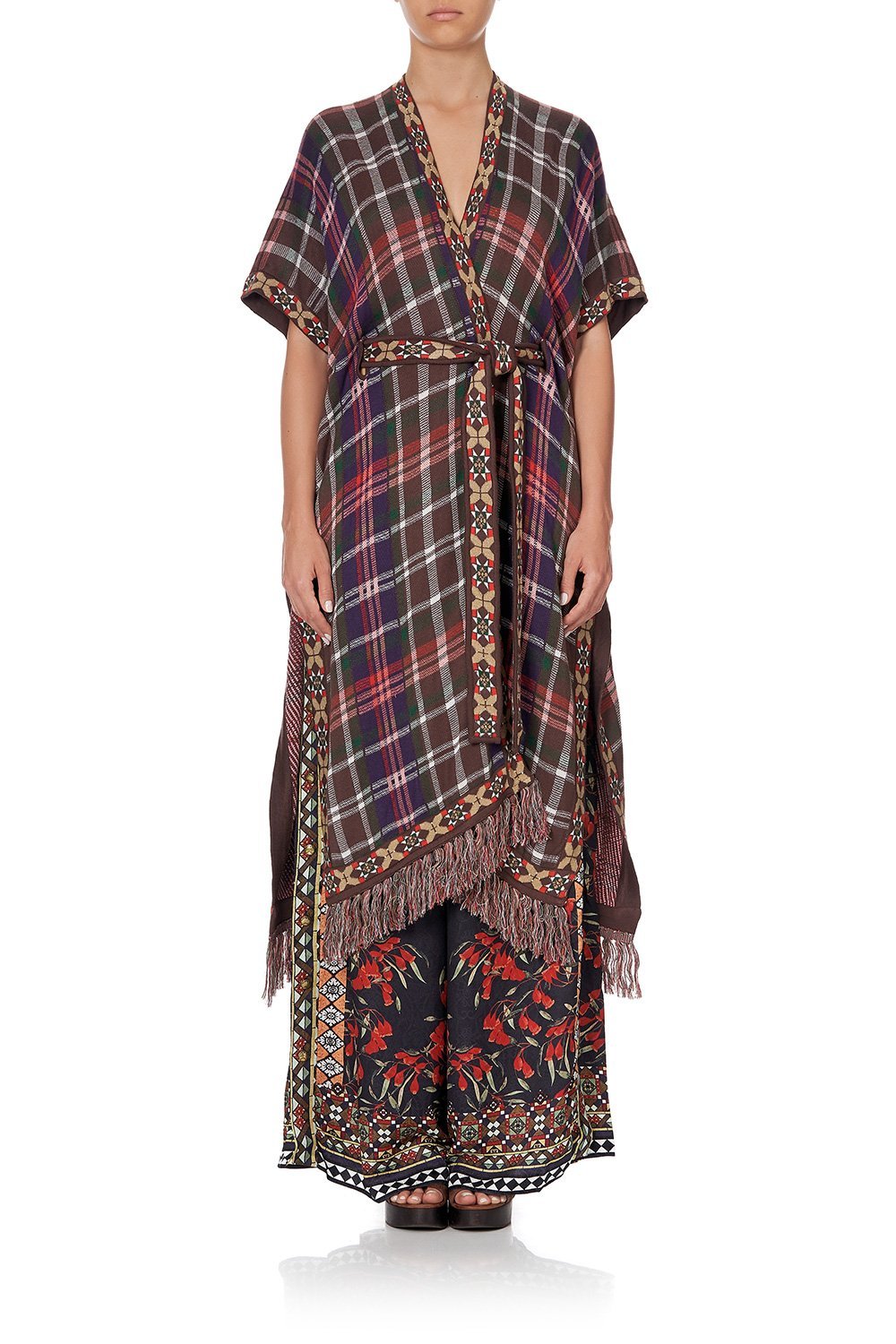 TIE FRONT PONCHO WITH FRINGING PAVED IN PAISLEY