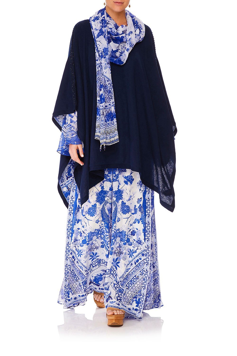 CAMILLA THE FAN SEA ROUND NECK PONCHO W FULL LINING