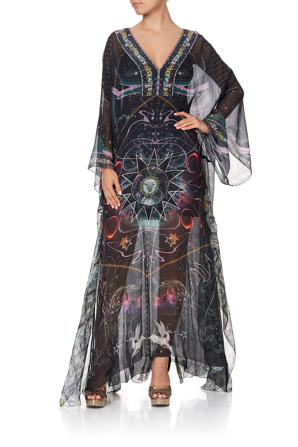 SHEER KAFTAN WITH TIE AND SLIP MIDNIGHT MOON HOUSE