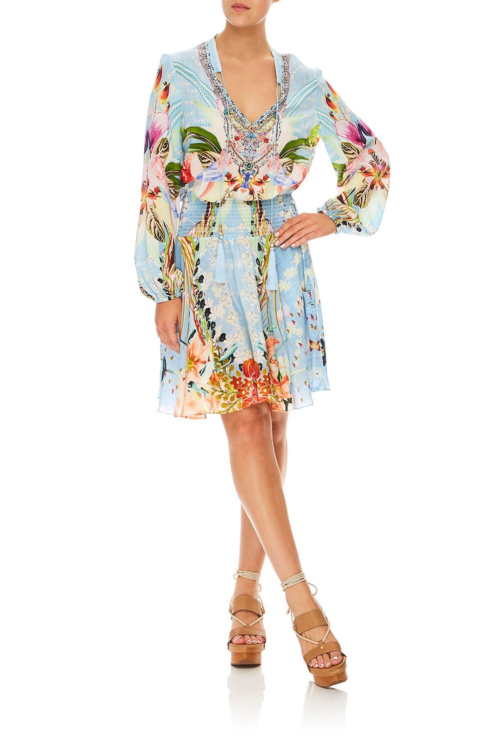 CAMILLA THE STILL ABYSS SHIRRED RELAXED SHORT DRESS