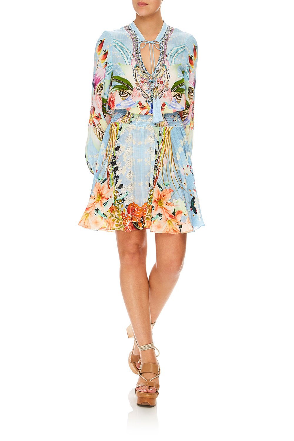 CAMILLA THE STILL ABYSS SHIRRED RELAXED SHORT DRESS