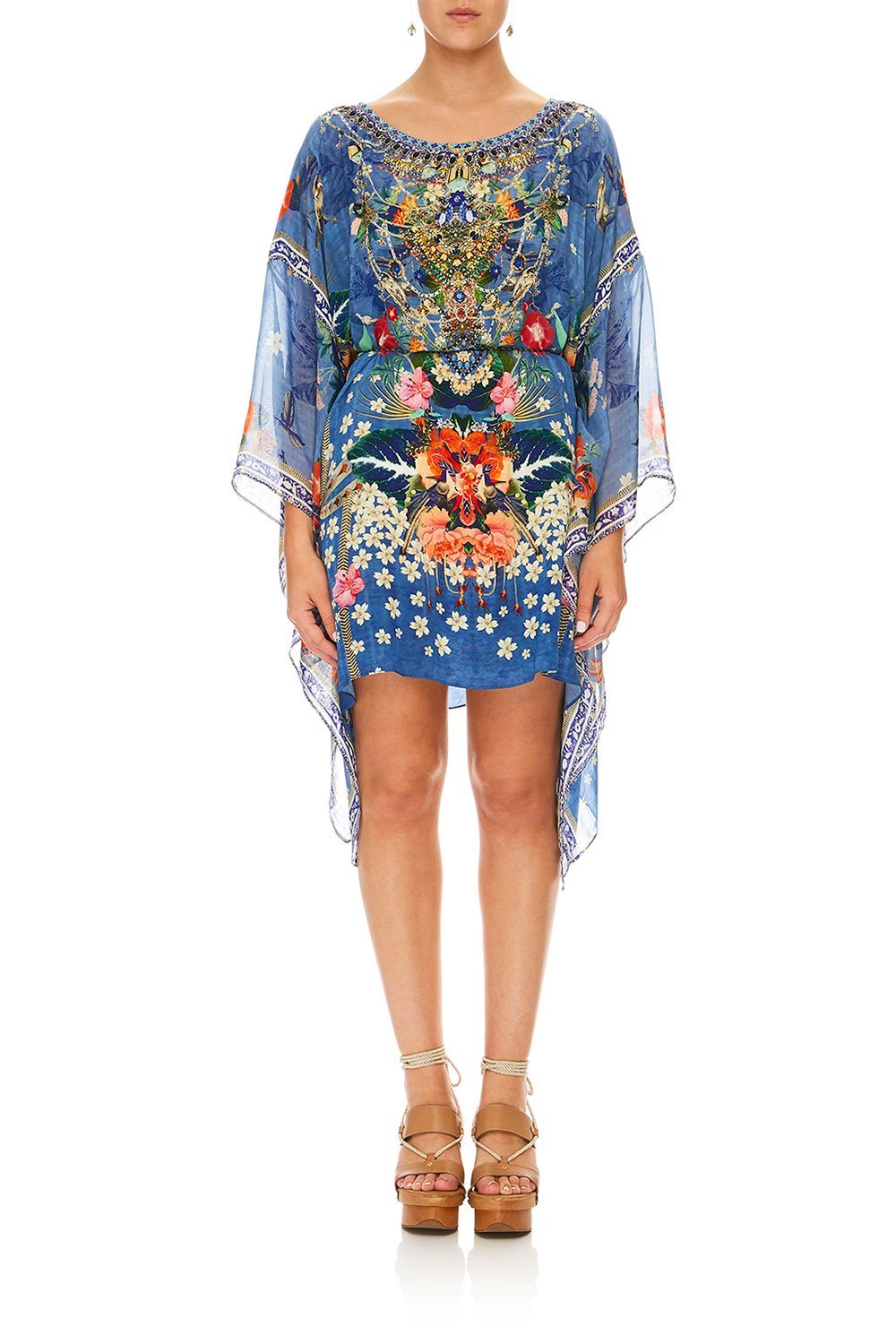 CAMILLA FARAWAY FLORALS SHORT KAFTAN W/ SHEER SLEEVE