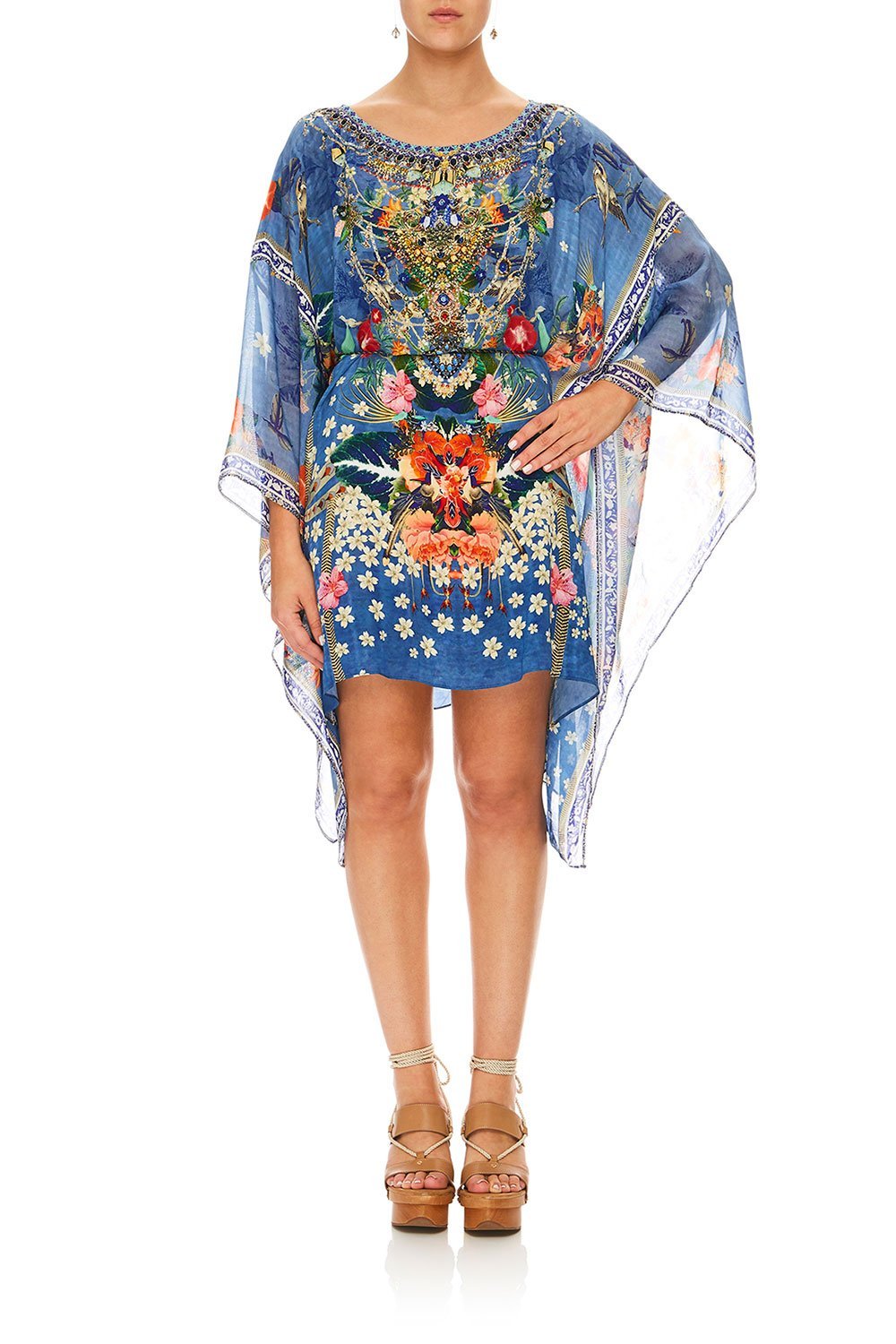 CAMILLA FARAWAY FLORALS SHORT KAFTAN W/ SHEER SLEEVE