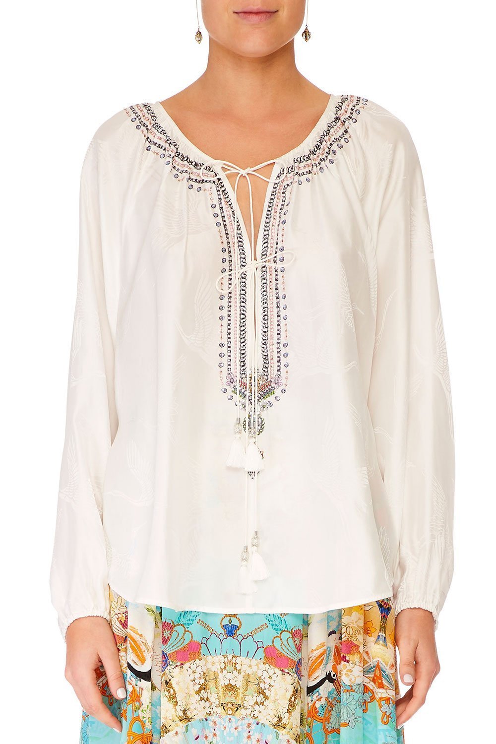 CAMILLA SOLID WHITE TIE FRONT HIGH LOW HEM BLOUSE