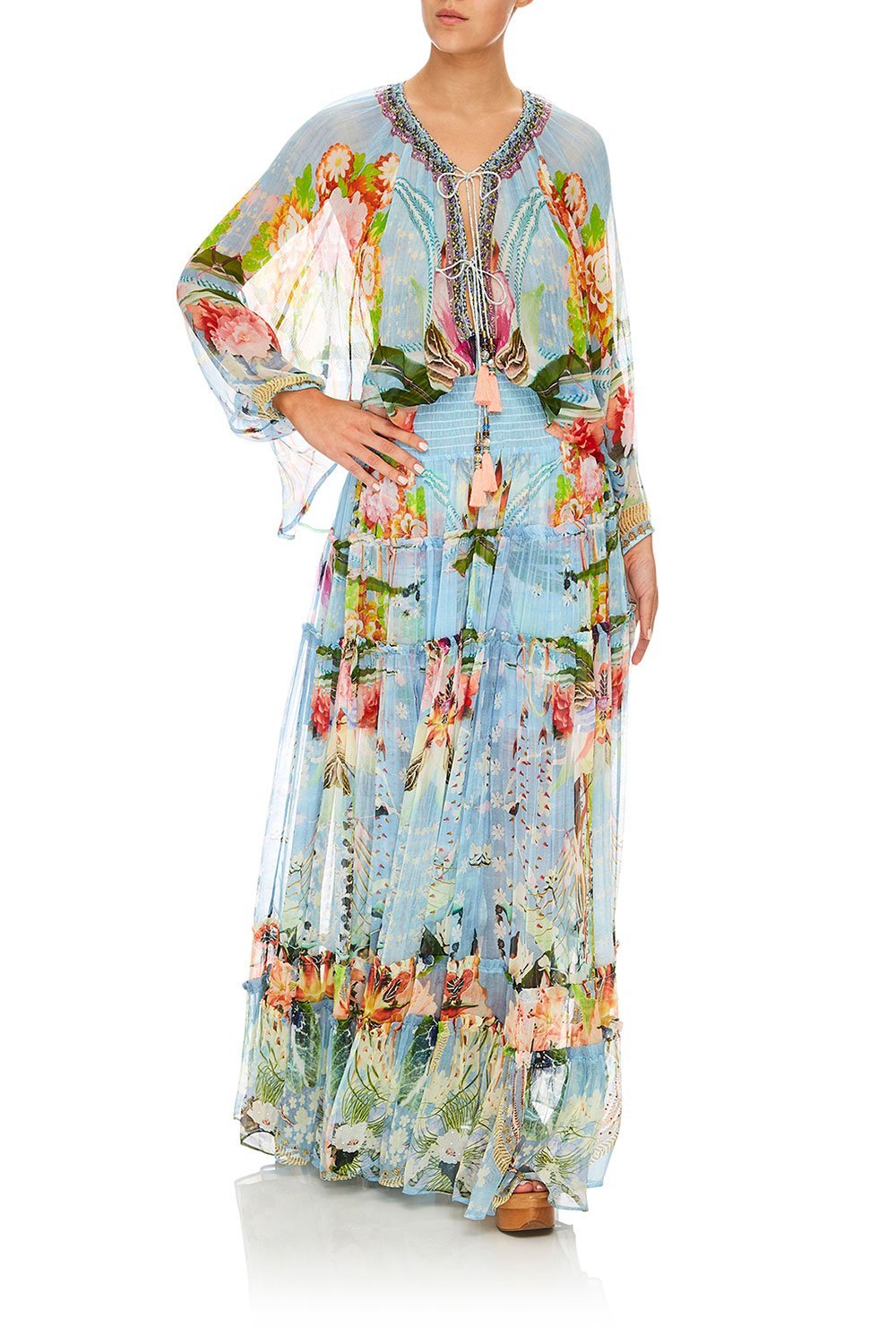 CAMILLA THE STILL ABYSS TIE FRONT HIGH LOW HEM BLOUSE