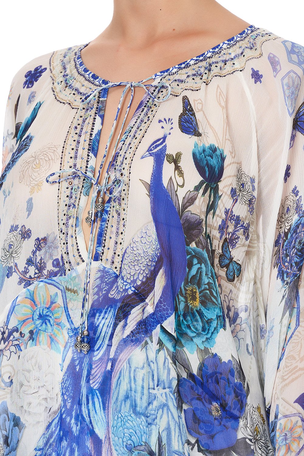 TIE FRONT HIGH LOW HEM BLOUSE WHITE SIDE OF THE MOON