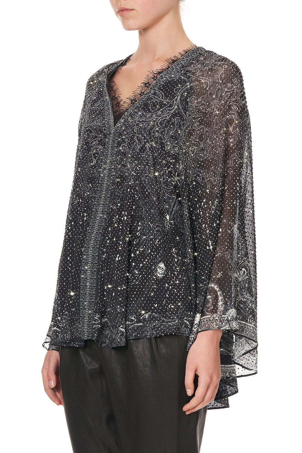 V NECK BLOUSE WITH NECKBAND MIDNIGHT PEARL