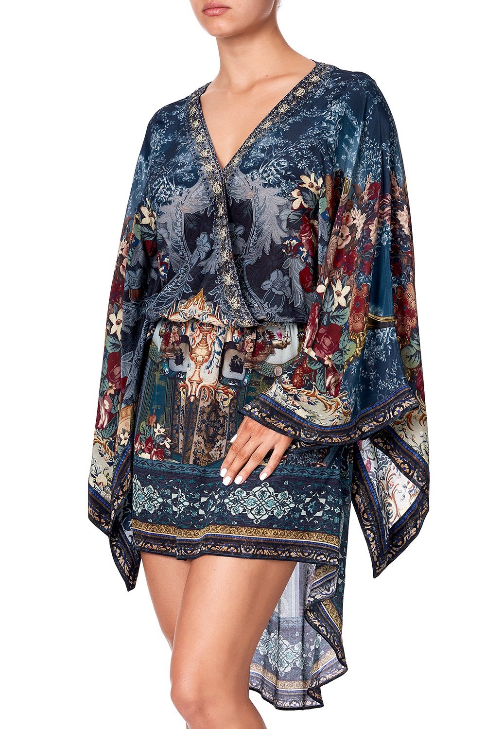 V-NECK KIMONO DRESS WITH TIE HOTEL BOHEME