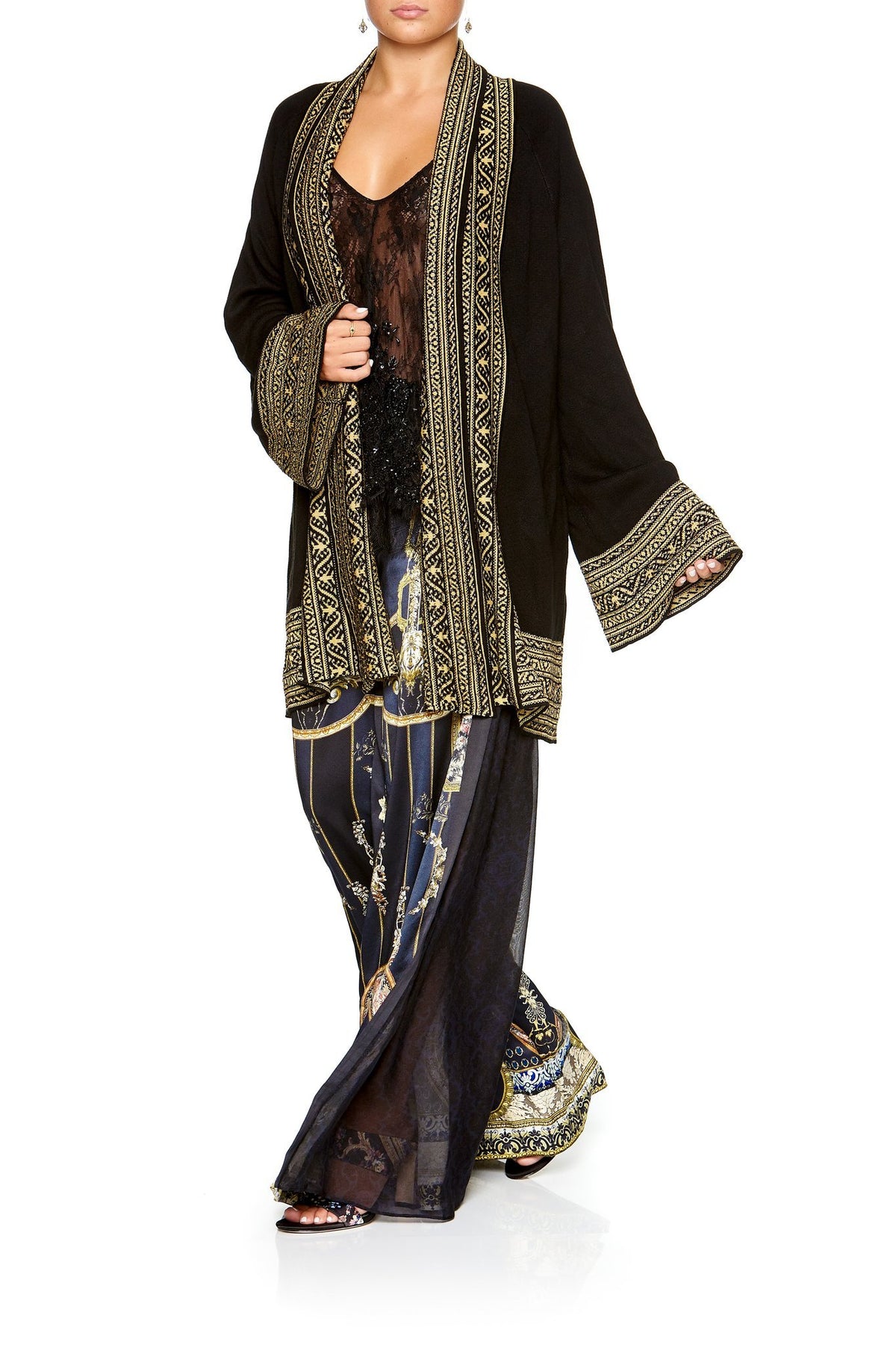 KIMONO KNIT WITH TIE BLACK GOLD