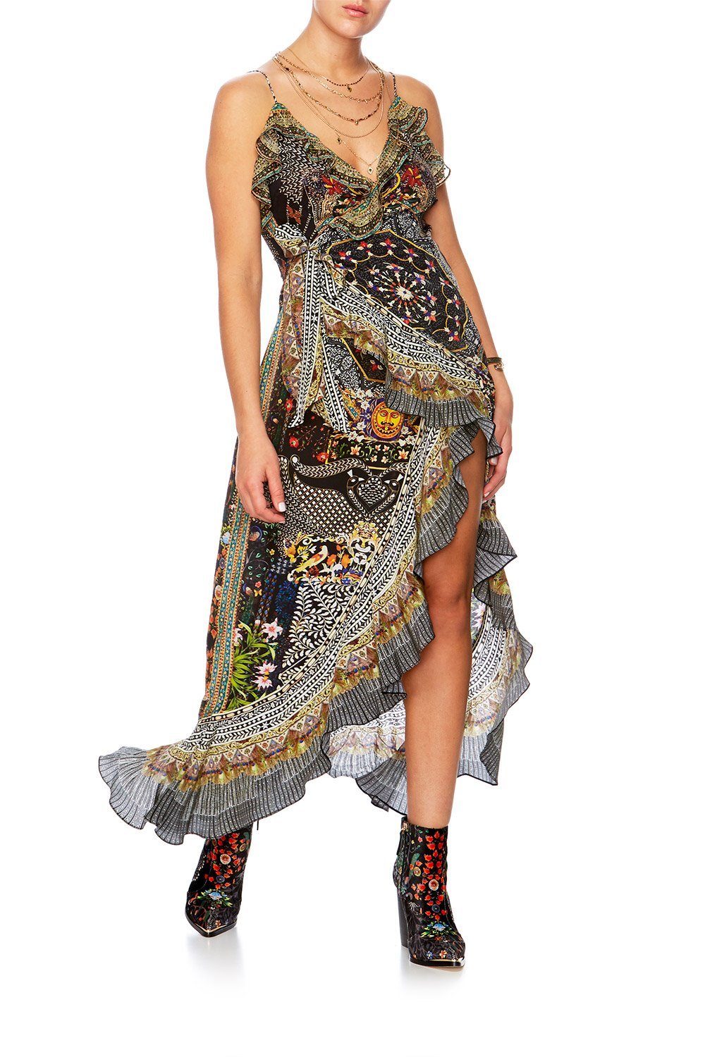 BEHIND CLOSED DOORS LONG WRAP DRESS W FRILL