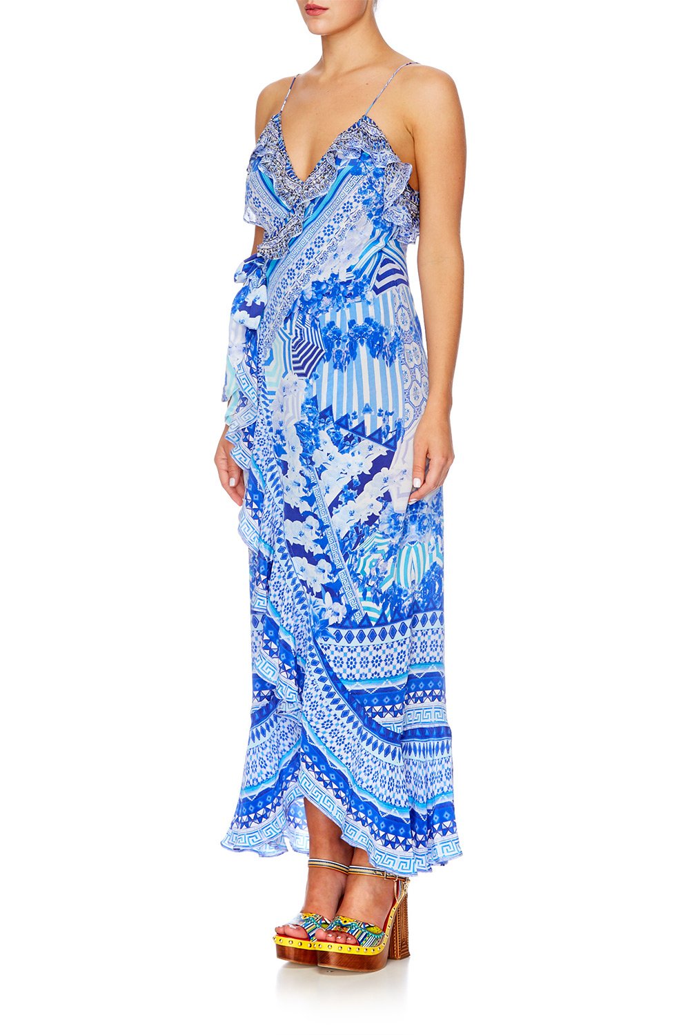 THROWING SHADE LONG WRAP DRESS W FRILL