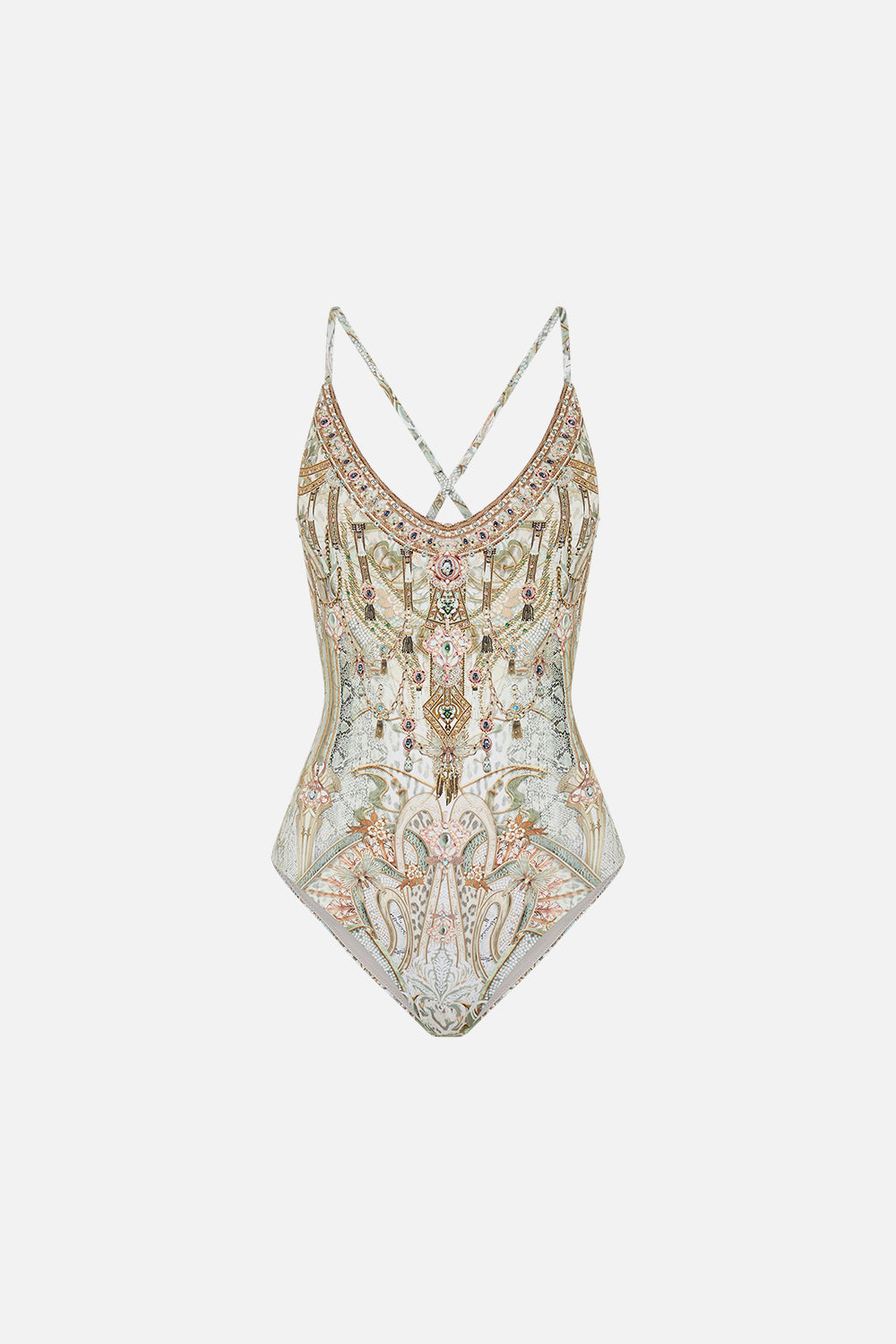 CAMILLA resortwear onepiece swimsuit in Ivory Tower Tales  print