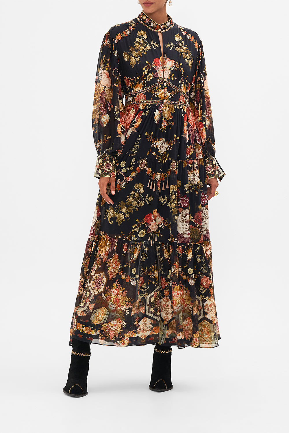 CAMILLA Floral Shaped Waistband Dress with Tiered Skirt in Stitched in Time