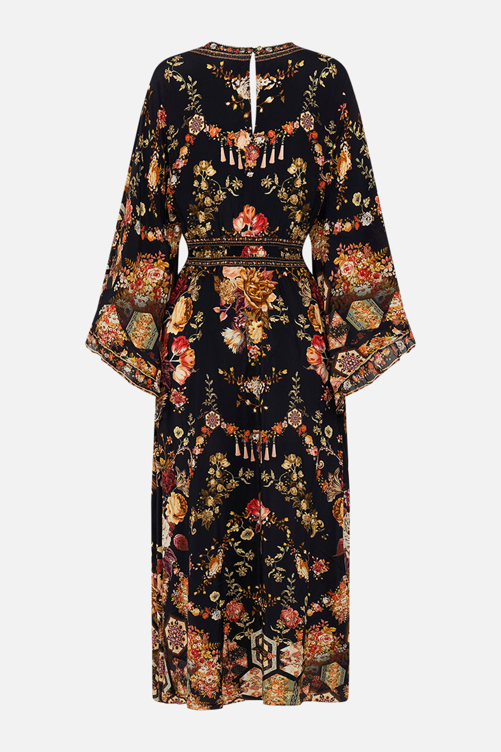CAMILLA floral waisted dress with kimono sleeve in Stitched In Time print.