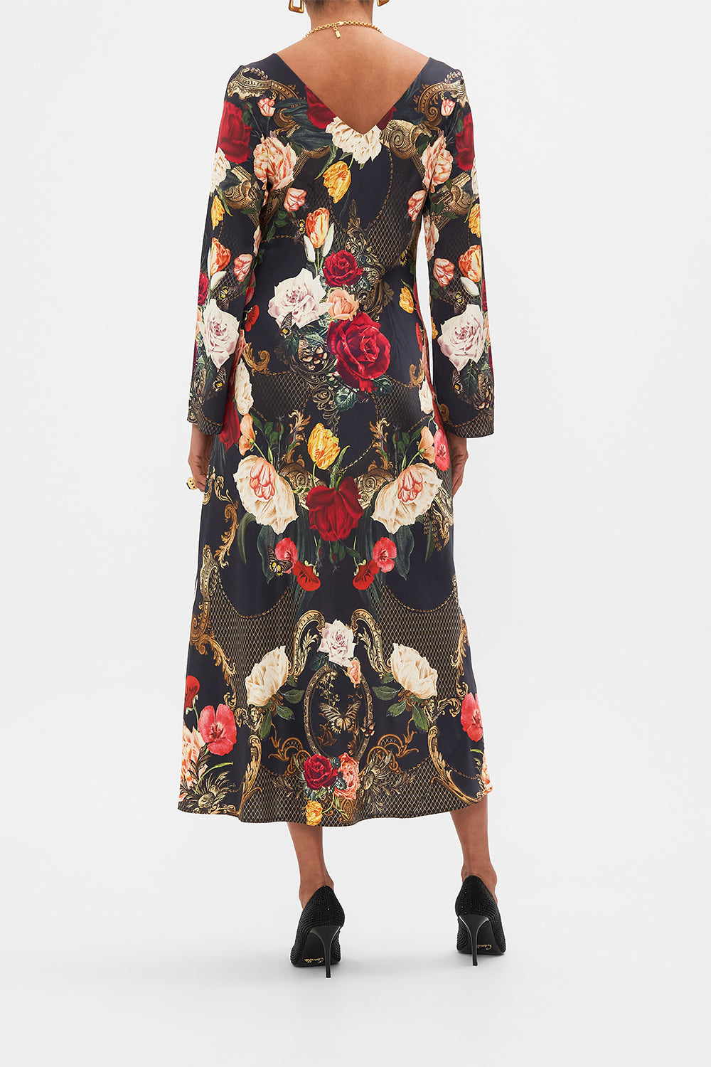 CAMILLA Black Long Sleeve Bias Dress in Magic in the Manuscripts print