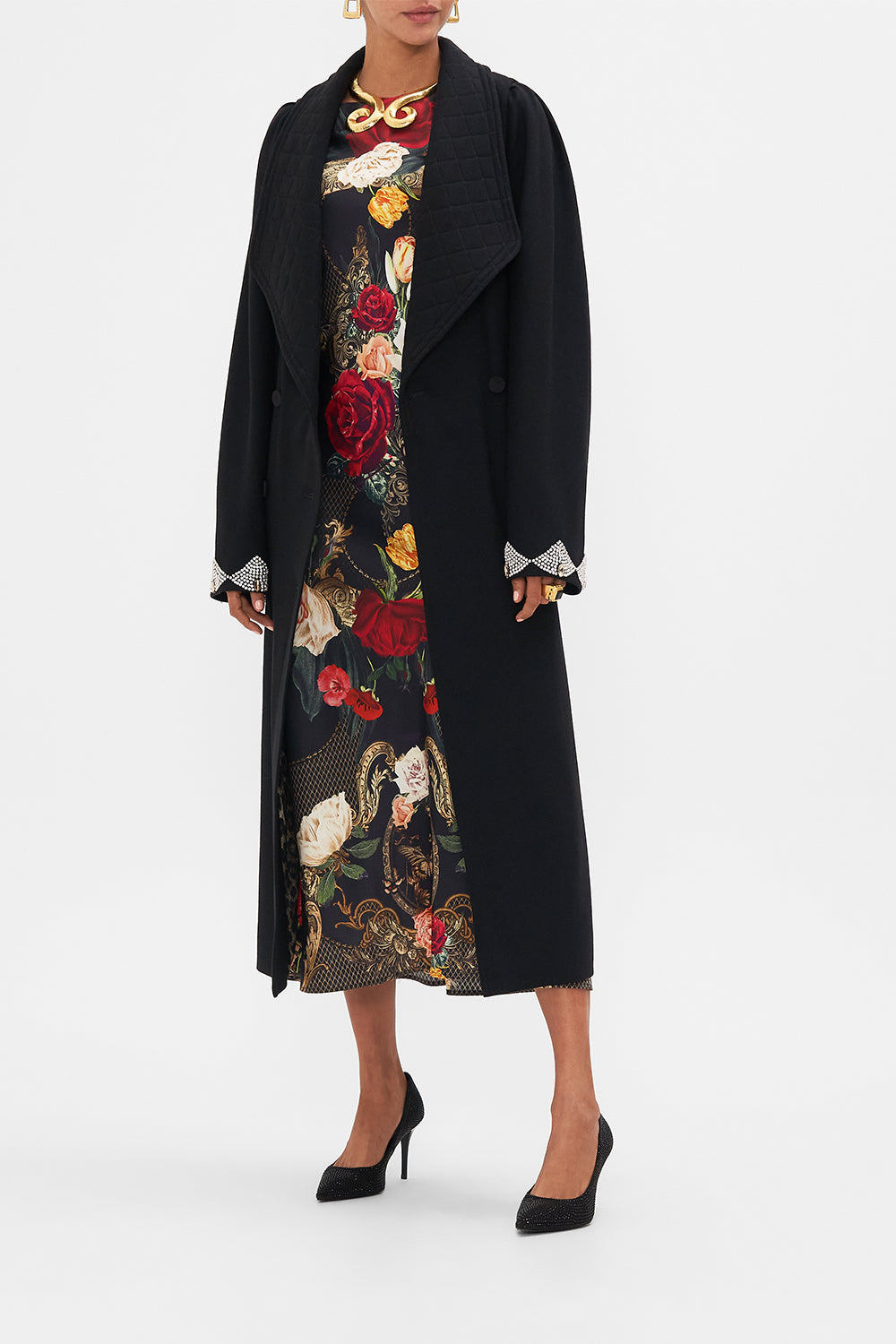 CAMILLA Black Long Sleeve Bias Dress in Magic in the Manuscripts print