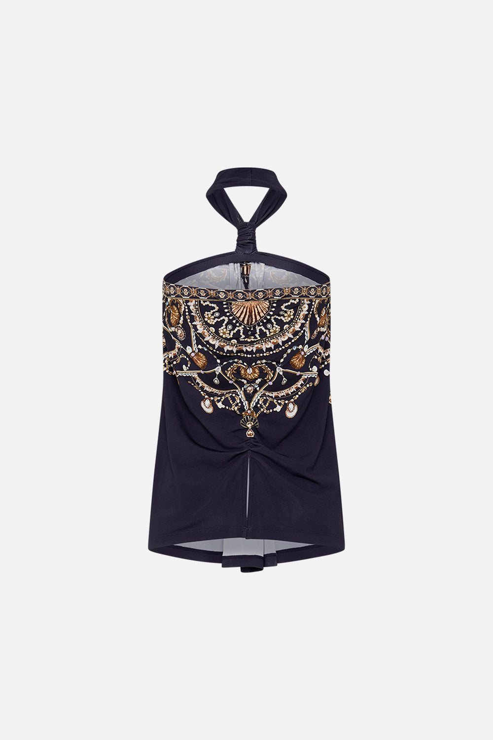 CAMILLA Gold/Black Draped Jersey Halter Top in Dance with the Duke