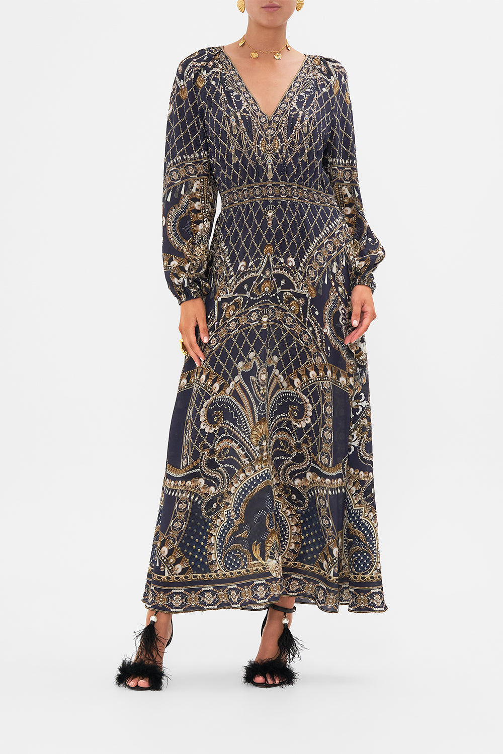 CAMILLA Gold Raglan Shirred Waist Dress in Dance with the Duke print