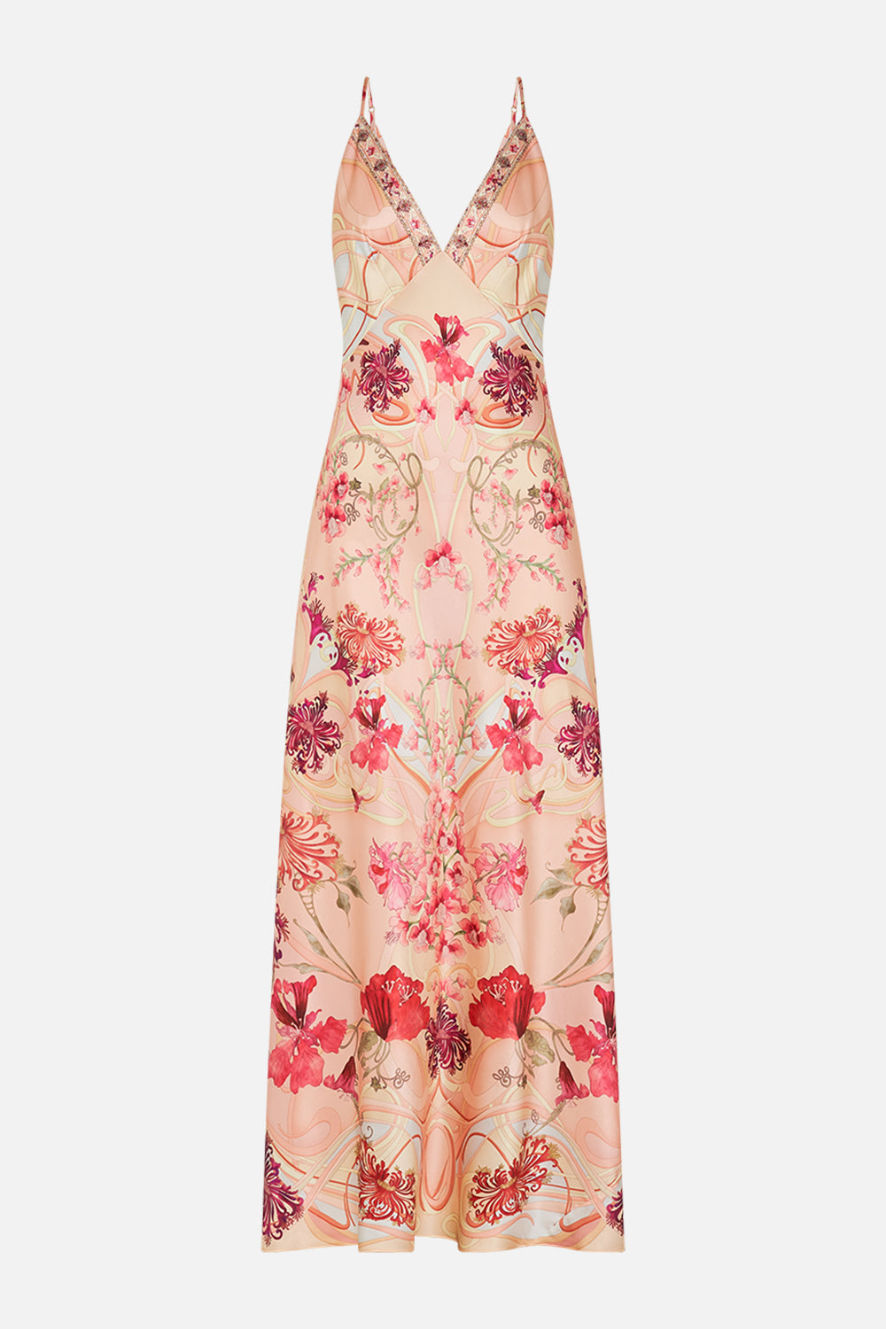 CAMILLA Floral V-Neck Full Length Bias Slip Dress in Blossoms and Brushstrokes