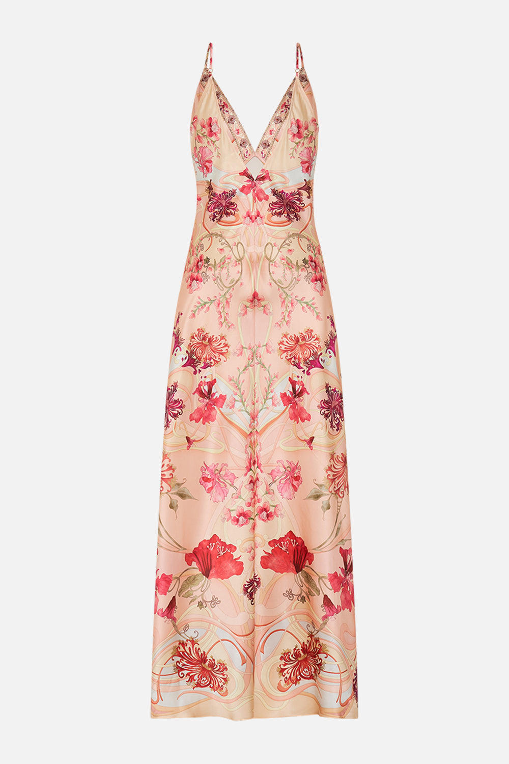CAMILLA Floral V-Neck Full Length Bias Slip Dress in Blossoms and Brushstrokes