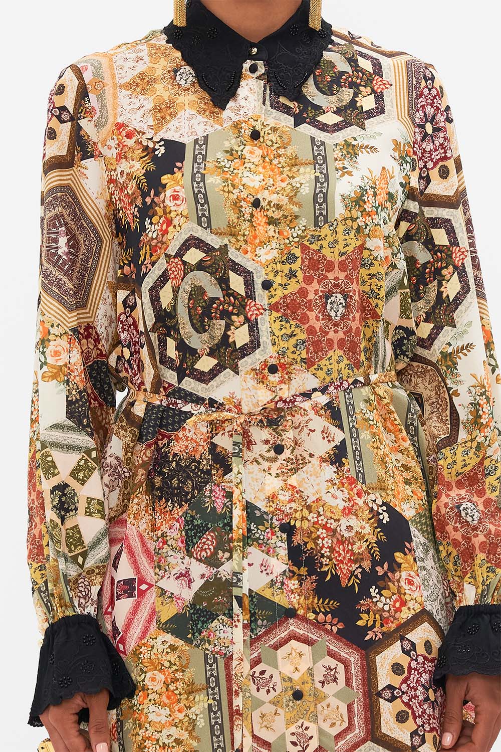 CAMILLA floral shift shirt dress with broderie detail in Stitched in Time print 