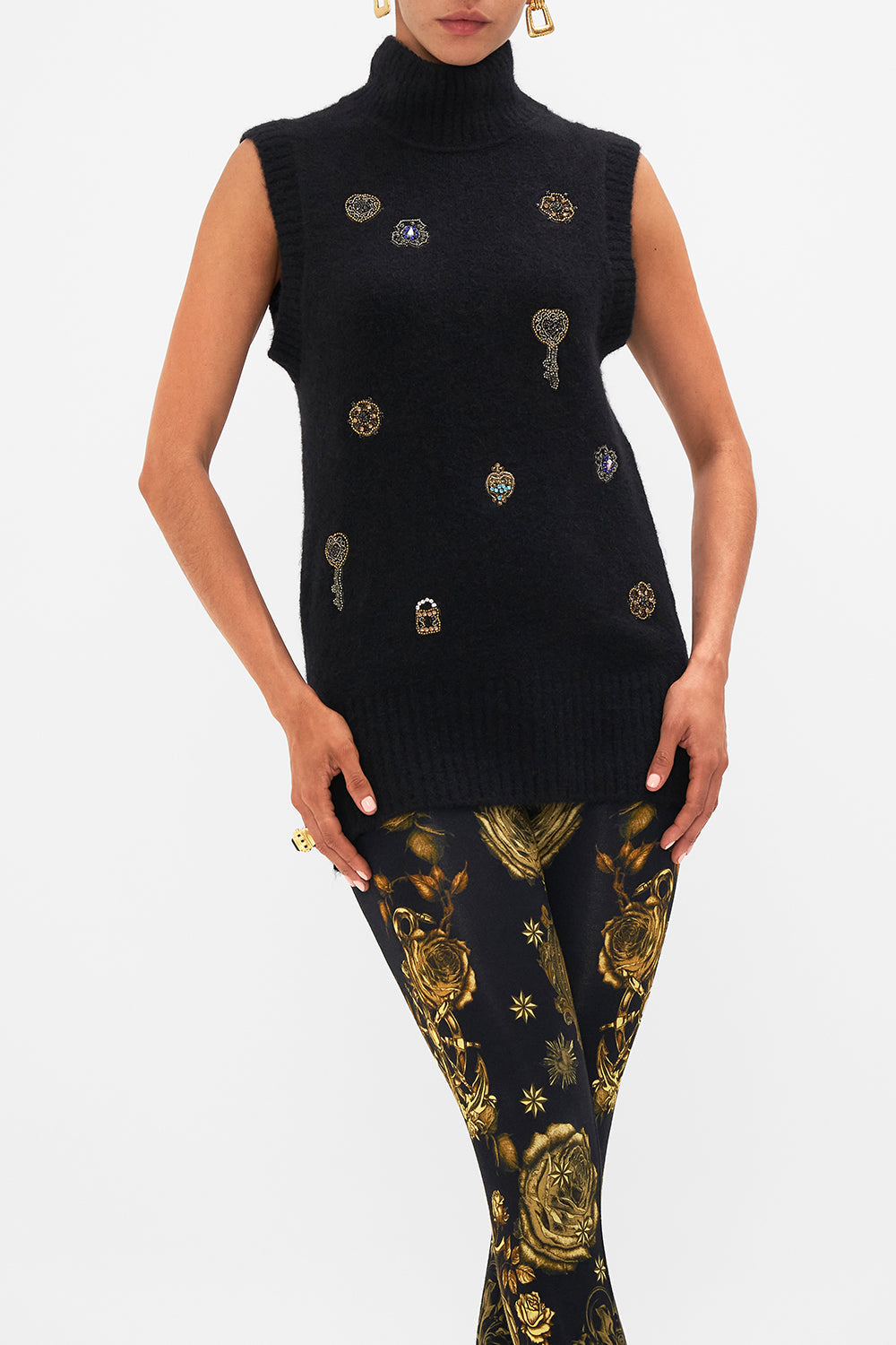 CAMILLA leopard relaxed sleeveless turtleneck knit top in Amsterglam print.