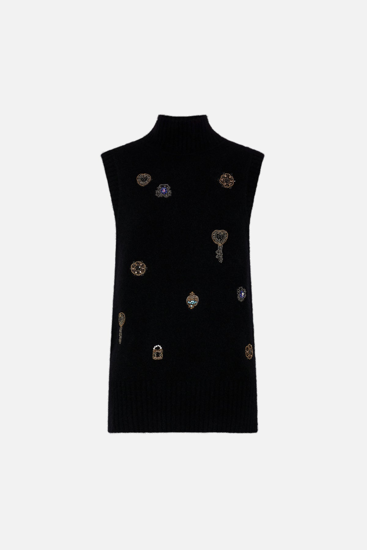 CAMILLA leopard relaxed sleeveless turtleneck knit top in Amsterglam print.