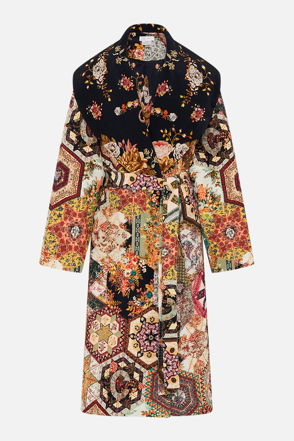 CAMILLA Black Quilted Long Wrap Coat in Stitched in Time print