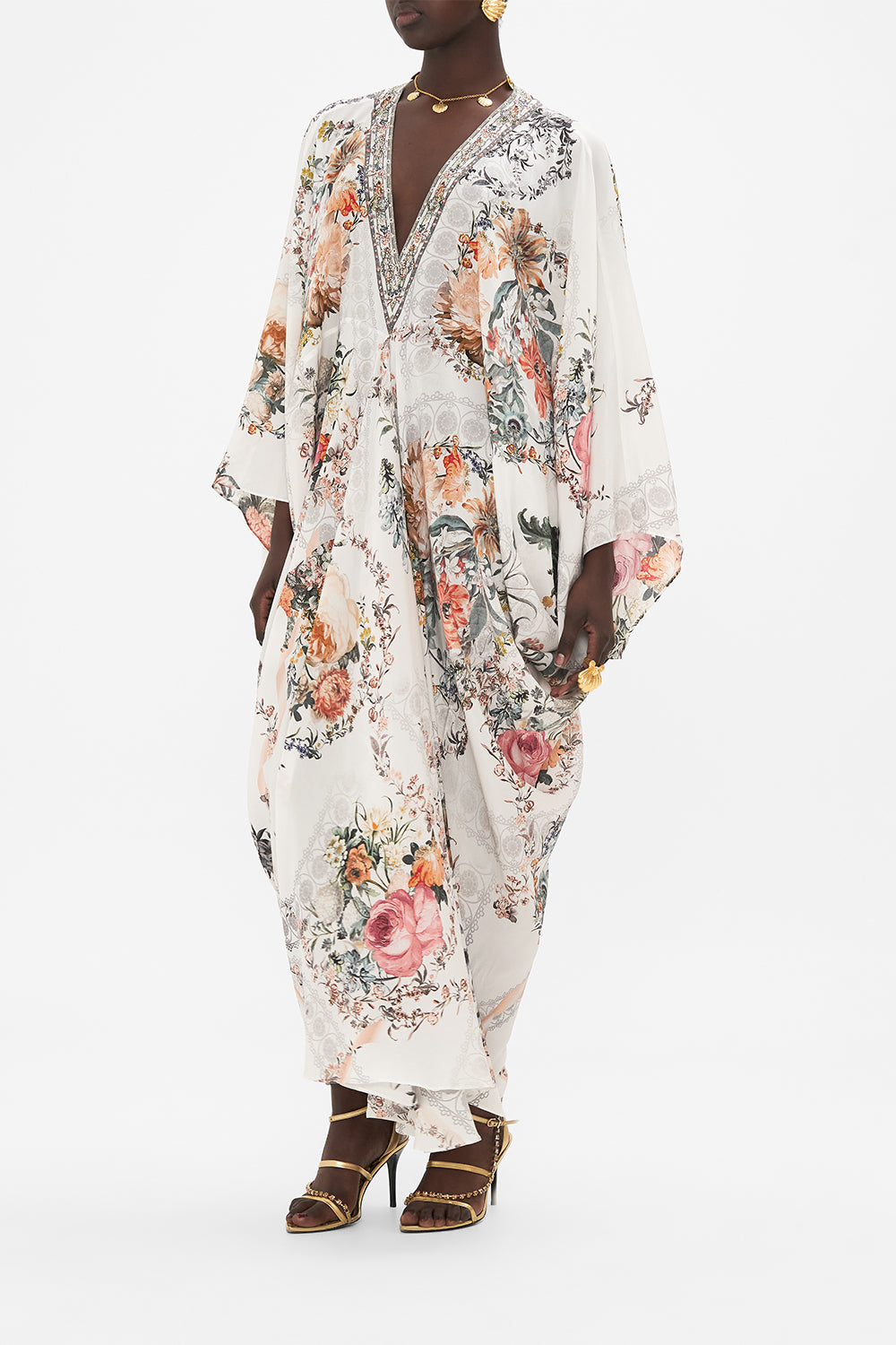 CAMILLA white kaftan in De Haar Memoirs print