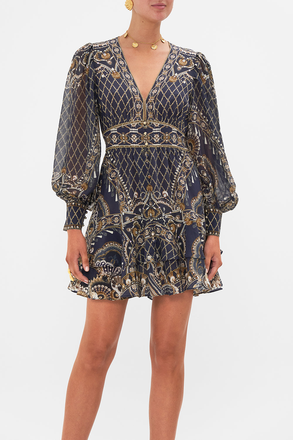 CAMILLA black button frill dress in Dance With The Duke print