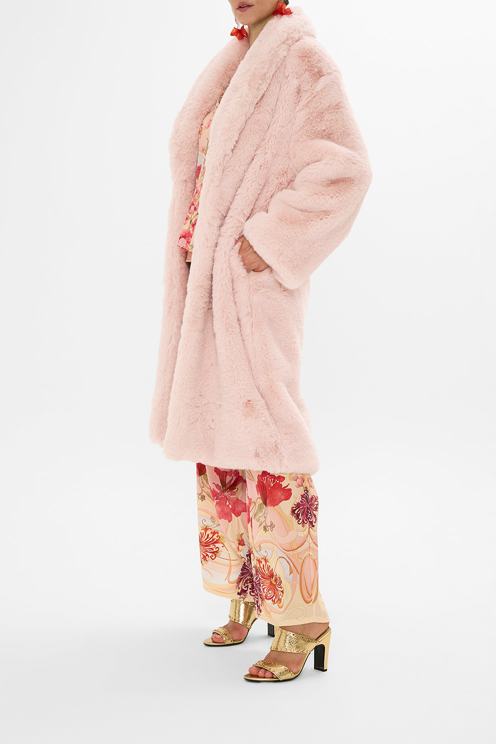 CAMILLA Floral Long Teddy Coat in Blossoms and Brushstrokes