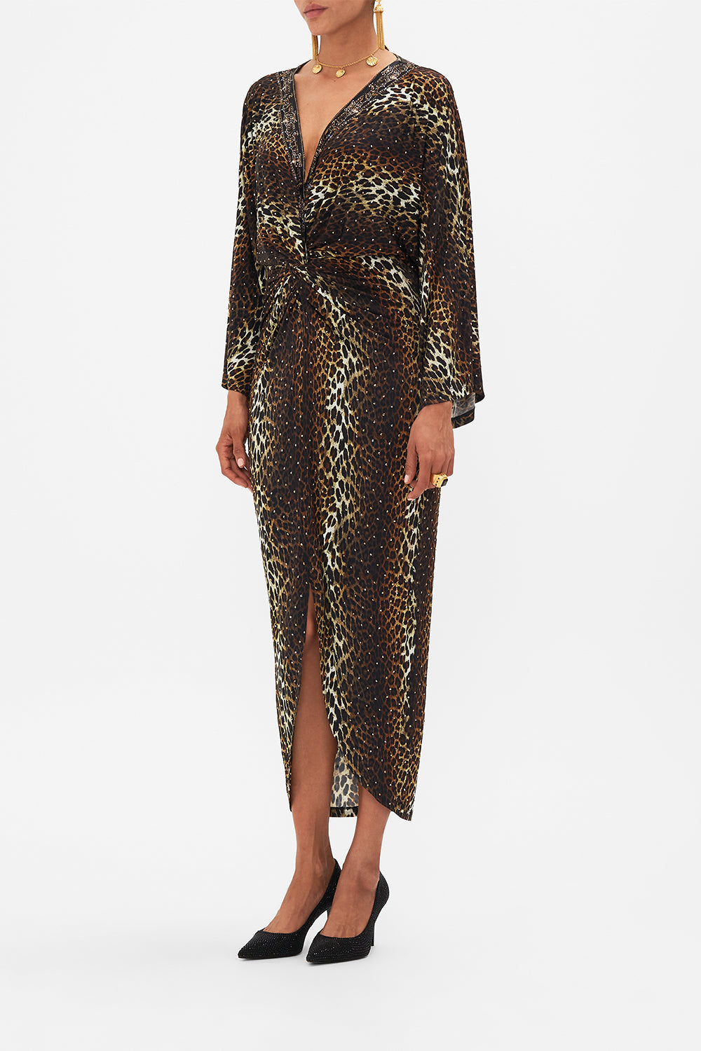 CAMILLA leopard long split-front twist dress in Amsterglam print.