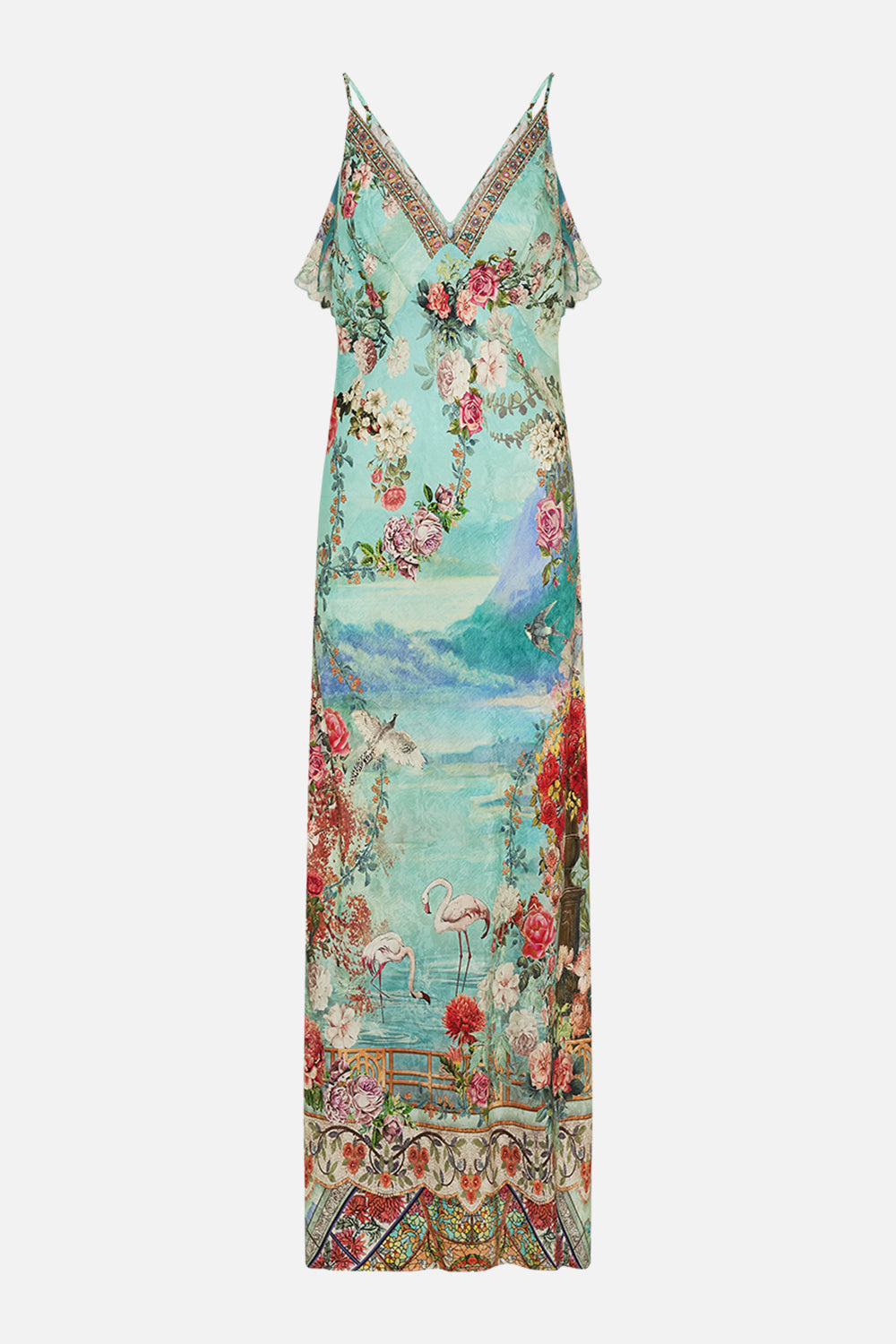 CAMILLA V neck bias slip dress with back frill in The jewellery museum print.