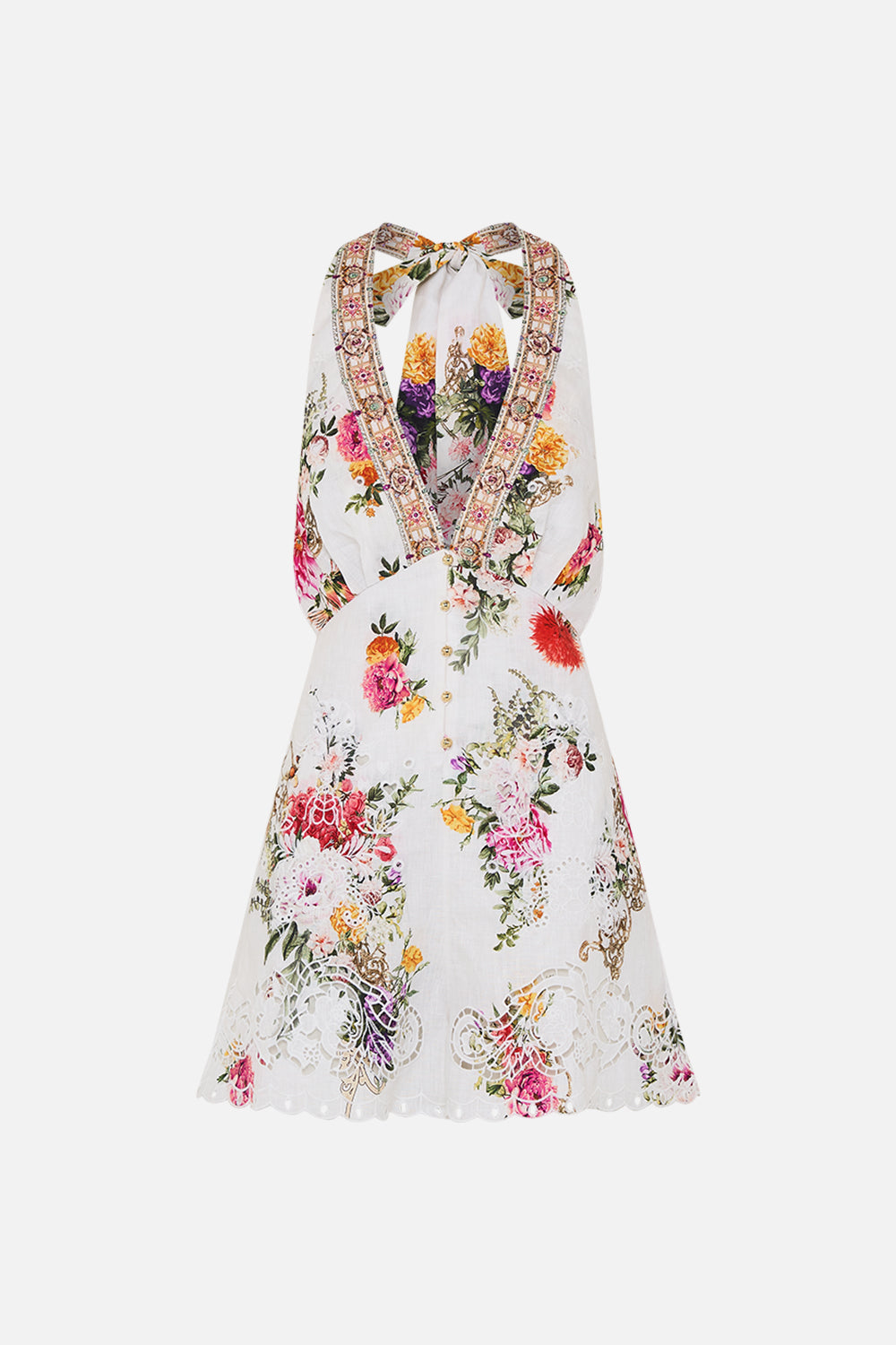 CAMILLA Button front halter playsuit in Egyptian rose print.