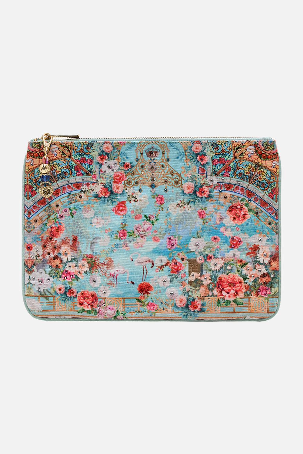 CAMILLA Small canvas clutch in The jewellery museum print.