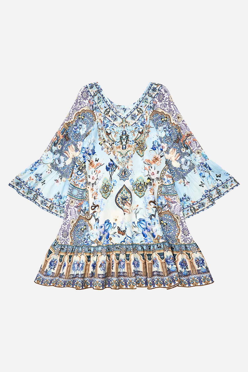 The CAMILLA WAISTED DRESS WITH KIMONO SLEEVE A PAINTED VILLAGE in our  print.
