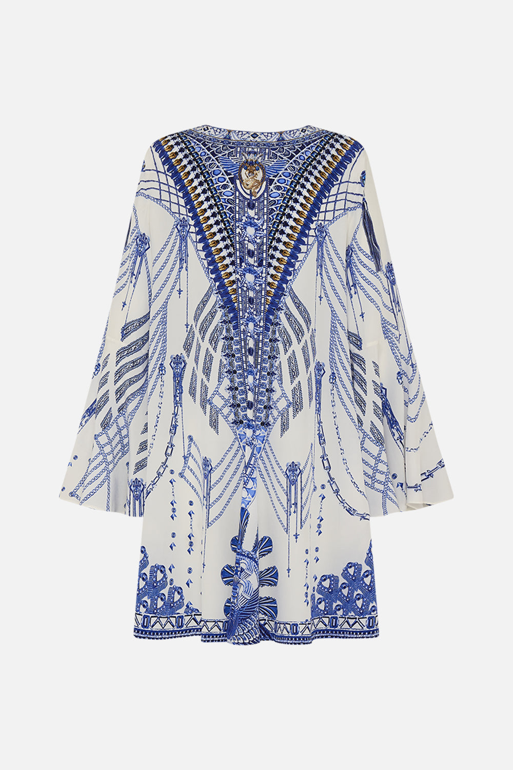 CAMILLA V-Neck Flared Sleeve Mini Dress in Dancing With Daylight Print.