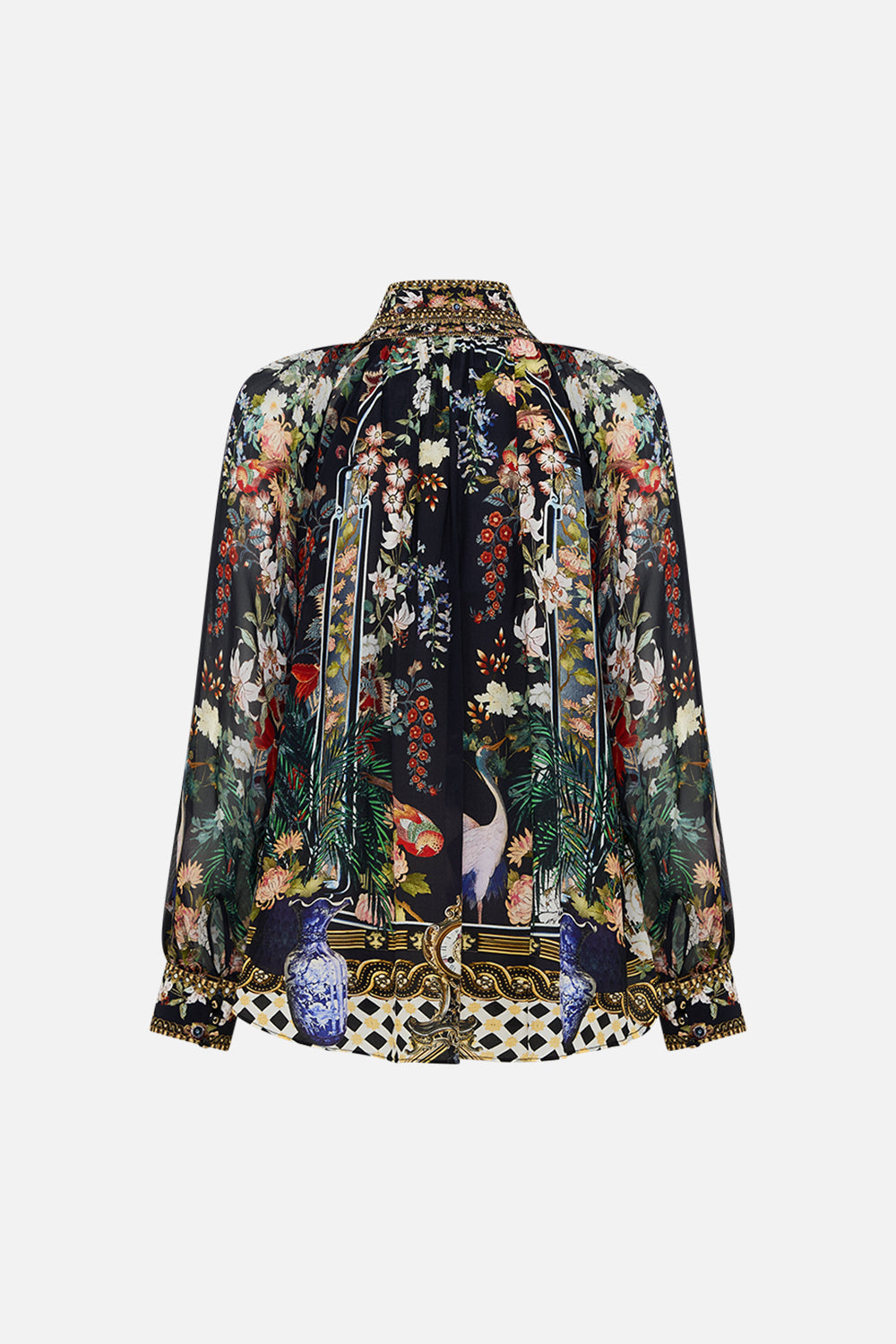 The CAMILLA CROPPED WRAP SHIRT SONG OF SAINT ANTHONY in our  print.