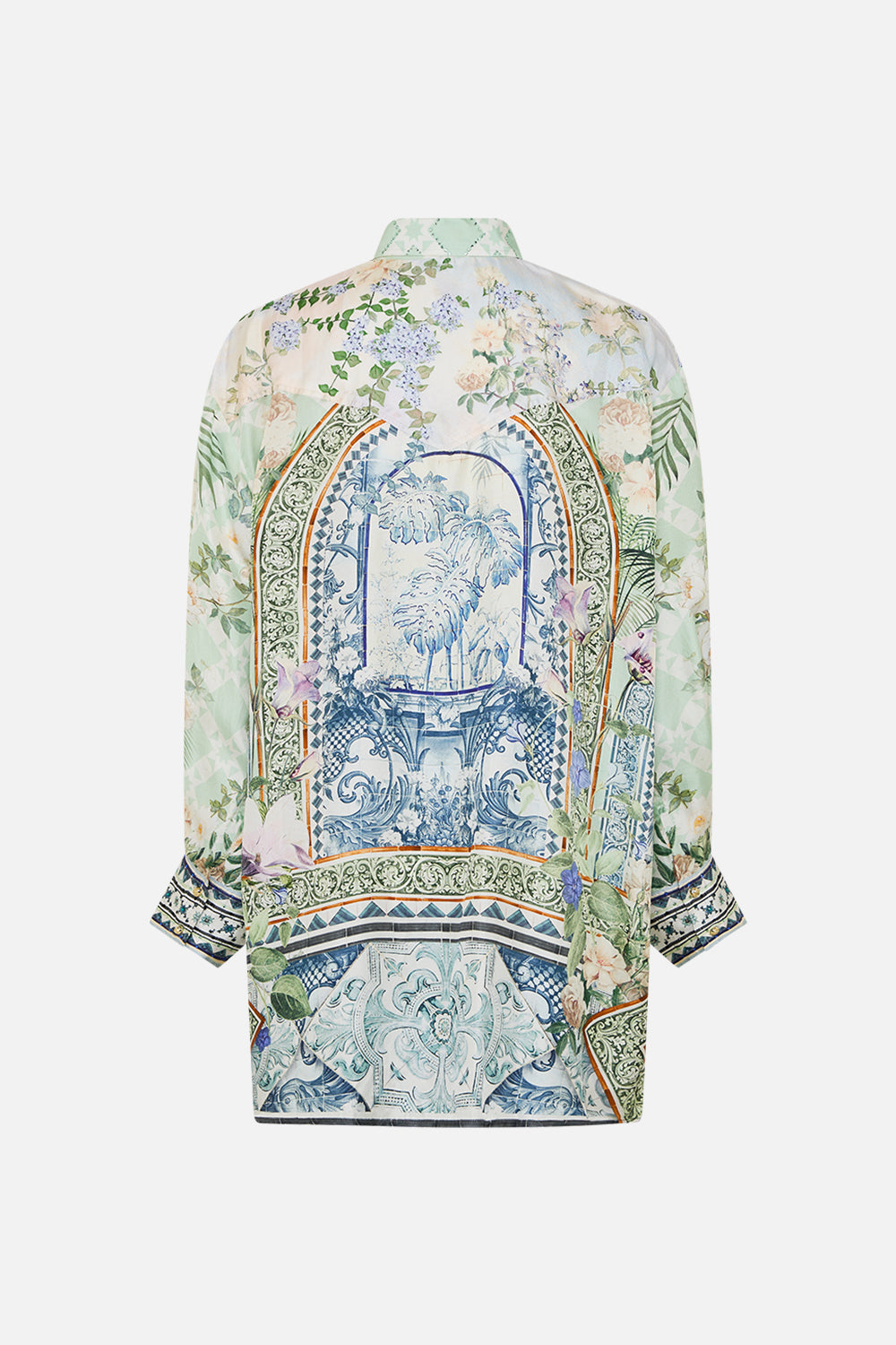 The CAMILLA LONG ROBE WITH NARROW COLLAR AND FEATHERS BASKED IN BAROQUE in our  print.