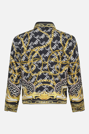 Back product view of Hotel Franks by CAMILLA mens silk zip through jacket in black and gold Tether Me Not print
