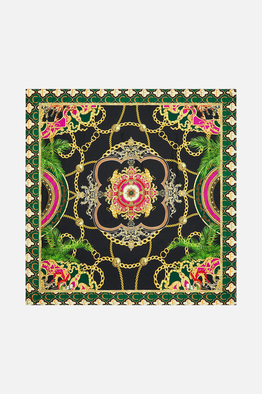 Detail view of CAMILLA silk square scarf in Jealousy And Jewels print