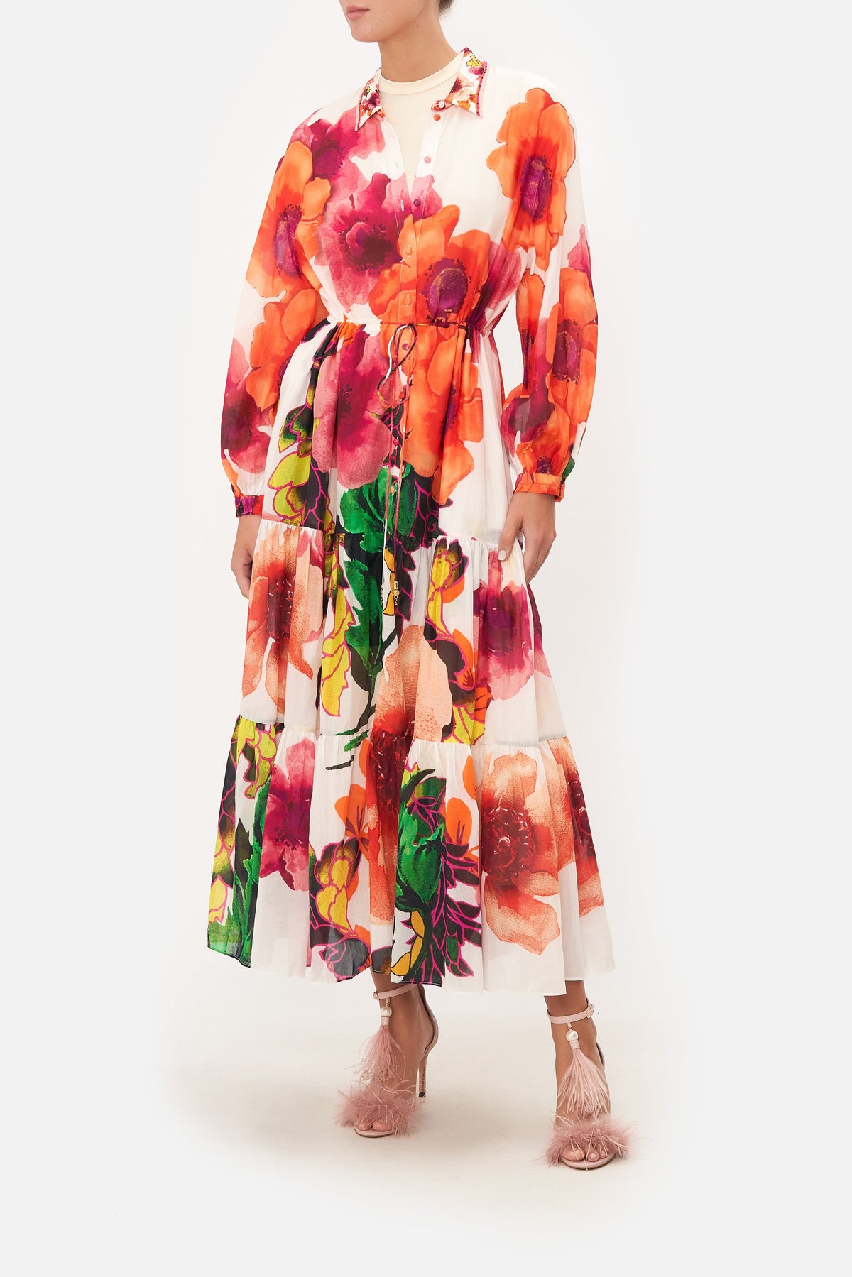 TIERED LONG SHIRT DRESS PRETTY AS A POPPY