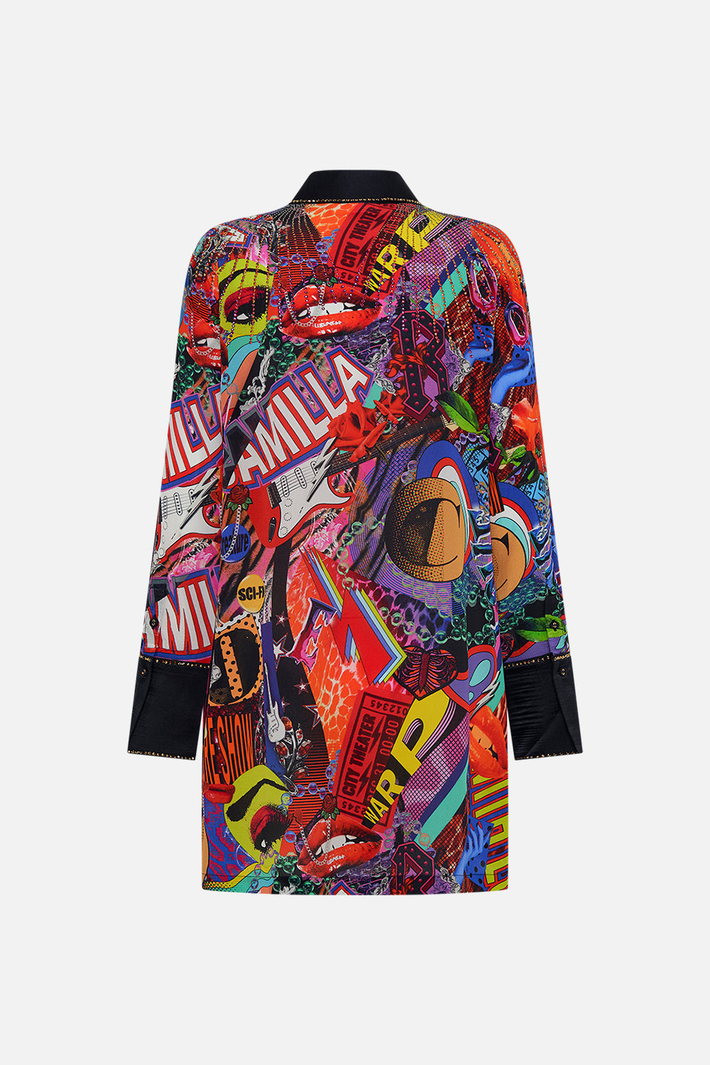 Back product view of CAMILLA silk mini shirtdress in multicoloured Radical Rebirth print