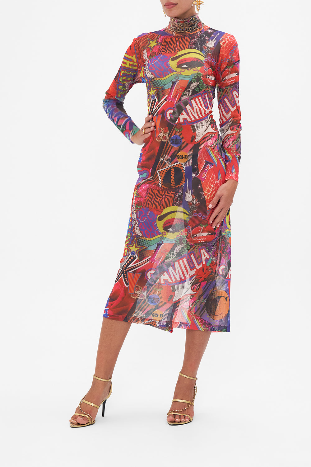 Side view of model wearing CAMILLA mesh turtleneck dress in multicoloured Radical Rebirth print