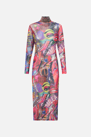 Product view of CAMILLA mesh turtleneck dress in multicoloured Radical Rebirth print