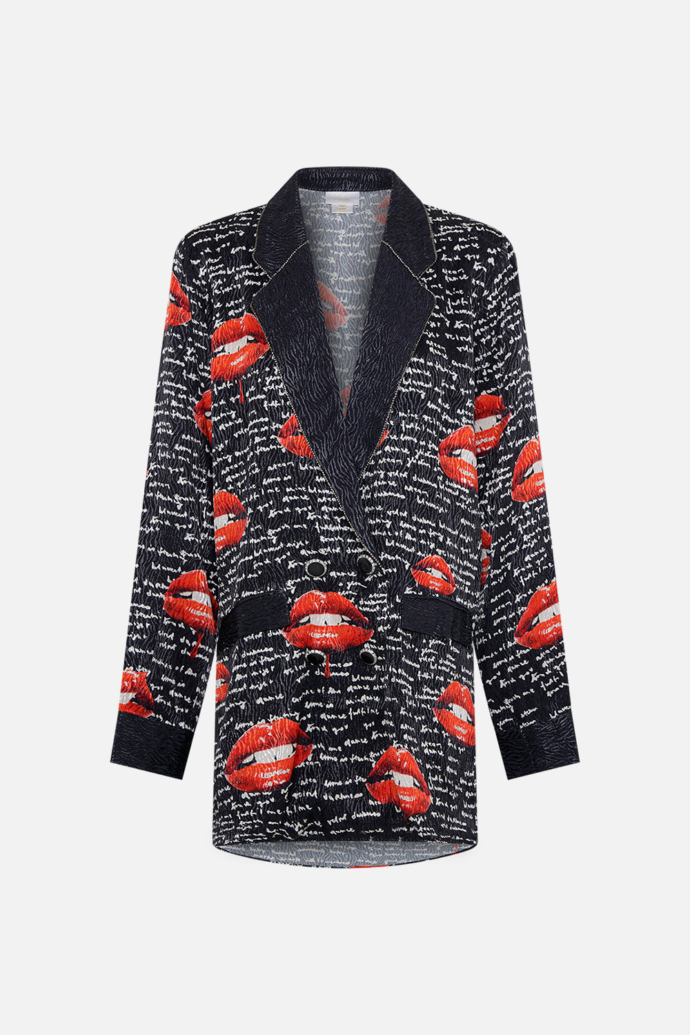 Product view of CAMILLA black blazer in Chaos Magic print 