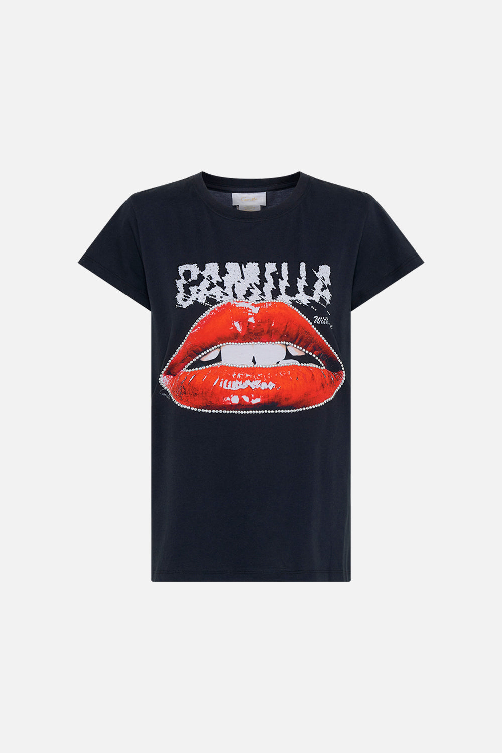 Product view of CAMILLA black graphic tee in Chaos Magic print 